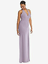 Alt View 1 Thumbnail - Lilac Haze Plunge Neck Halter Backless Trumpet Gown with Front Slit