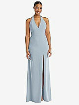 Front View Thumbnail - Mist Plunge Neck Halter Backless Trumpet Gown with Front Slit