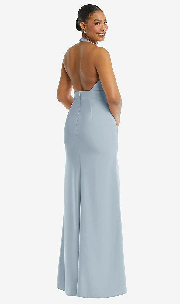 Back View - Mist Plunge Neck Halter Backless Trumpet Gown with Front Slit