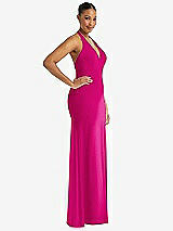 Side View Thumbnail - Think Pink Plunge Neck Halter Backless Trumpet Gown with Front Slit