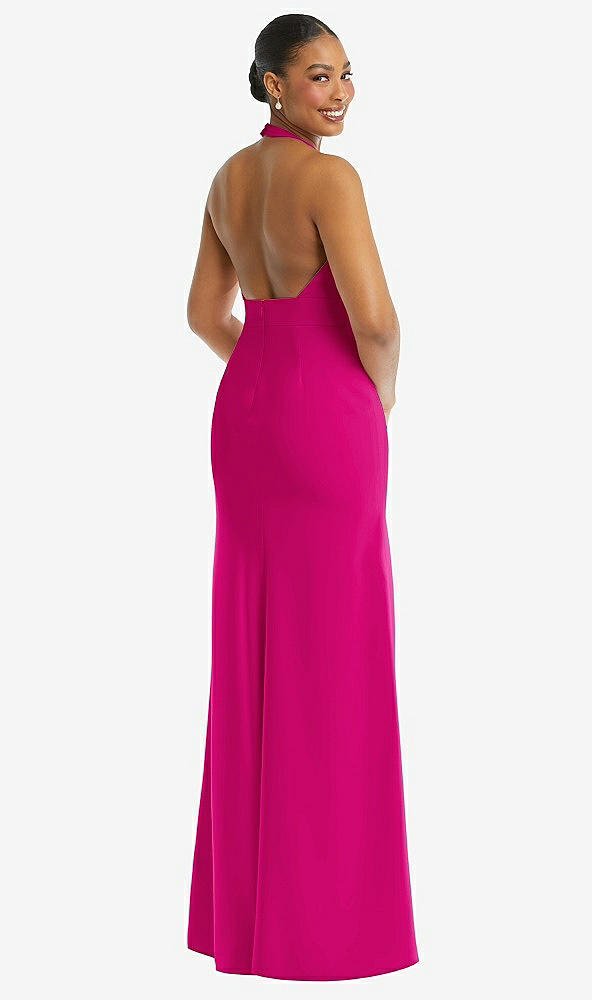 Back View - Think Pink Plunge Neck Halter Backless Trumpet Gown with Front Slit