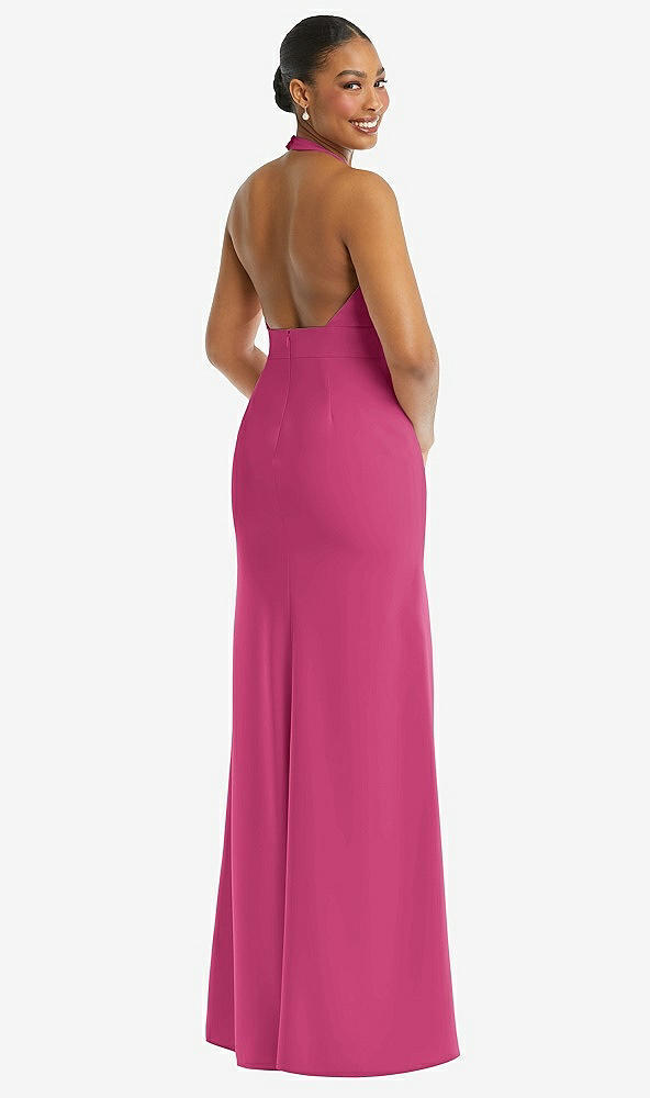 Back View - Tea Rose Plunge Neck Halter Backless Trumpet Gown with Front Slit