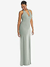 Alt View 1 Thumbnail - Willow Green Plunge Neck Halter Backless Trumpet Gown with Front Slit