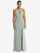 Front View Thumbnail - Willow Green Plunge Neck Halter Backless Trumpet Gown with Front Slit