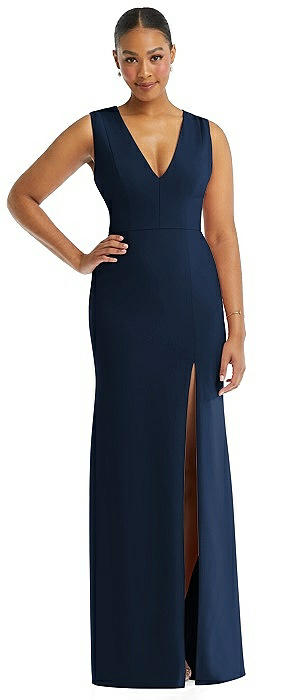 Deep V-Neck Closed Back Crepe Trumpet Gown with Front Slit