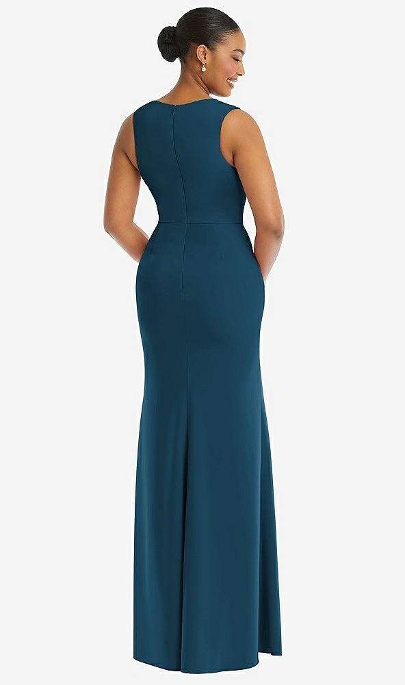 Back View - Atlantic Blue Deep V-Neck Closed Back Crepe Trumpet Gown with Front Slit