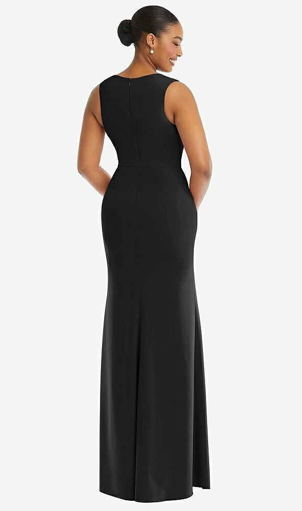 Back View - Black Deep V-Neck Closed Back Crepe Trumpet Gown with Front Slit