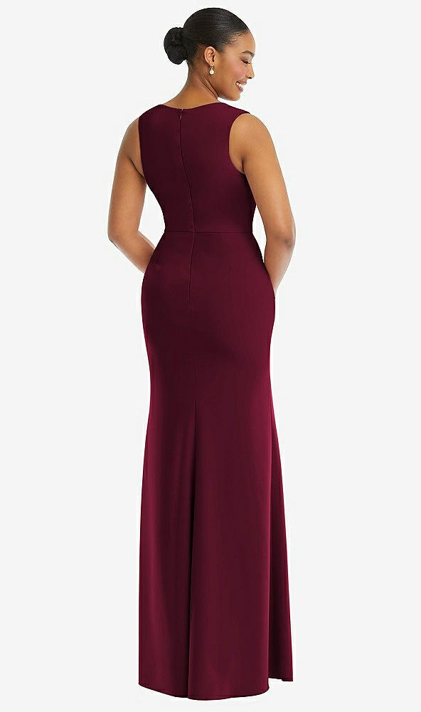 Back View - Cabernet Deep V-Neck Closed Back Crepe Trumpet Gown with Front Slit