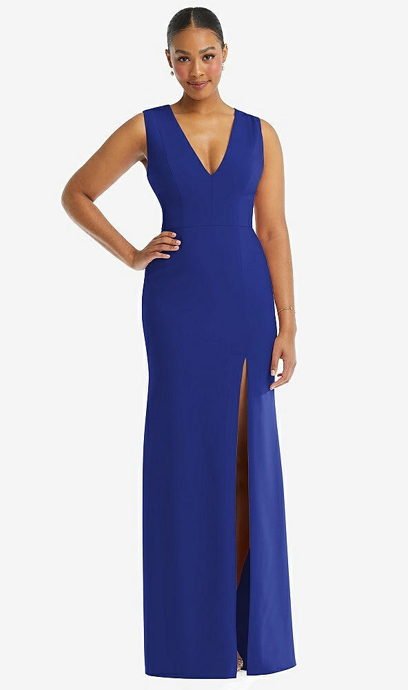 Front View - Cobalt Blue Deep V-Neck Closed Back Crepe Trumpet Gown with Front Slit