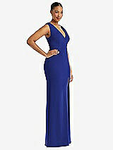 Side View Thumbnail - Cobalt Blue Deep V-Neck Closed Back Crepe Trumpet Gown with Front Slit