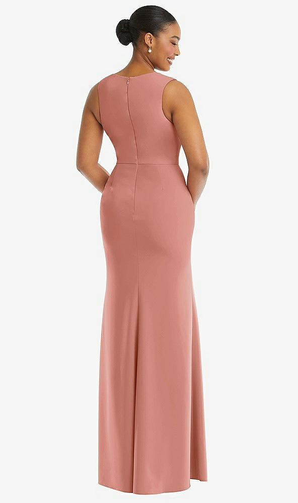 Back View - Desert Rose Deep V-Neck Closed Back Crepe Trumpet Gown with Front Slit