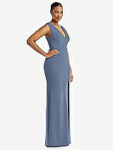 Side View Thumbnail - Larkspur Blue Deep V-Neck Closed Back Crepe Trumpet Gown with Front Slit