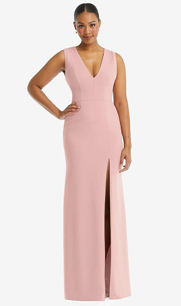 Front View - Rose - PANTONE Rose Quartz Deep V-Neck Closed Back Crepe Trumpet Gown with Front Slit