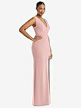 Side View Thumbnail - Rose - PANTONE Rose Quartz Deep V-Neck Closed Back Crepe Trumpet Gown with Front Slit