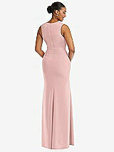 Rear View Thumbnail - Rose - PANTONE Rose Quartz Deep V-Neck Closed Back Crepe Trumpet Gown with Front Slit