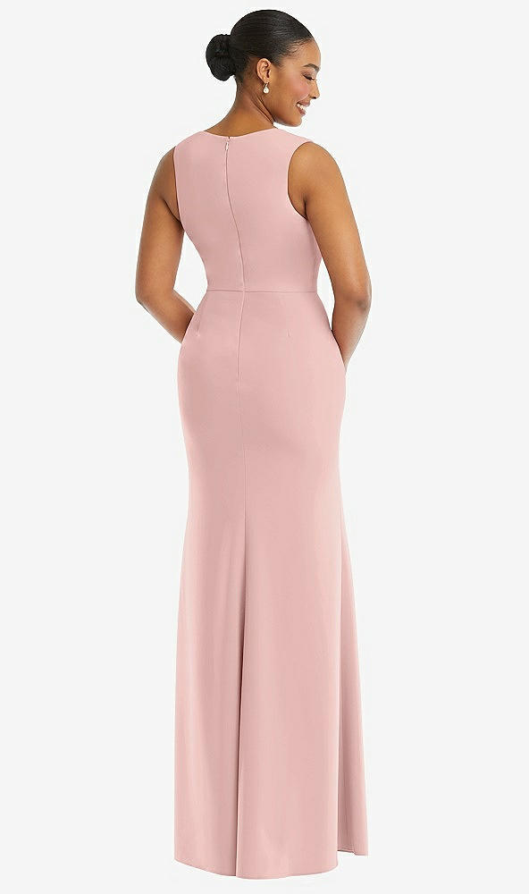 Back View - Rose - PANTONE Rose Quartz Deep V-Neck Closed Back Crepe Trumpet Gown with Front Slit