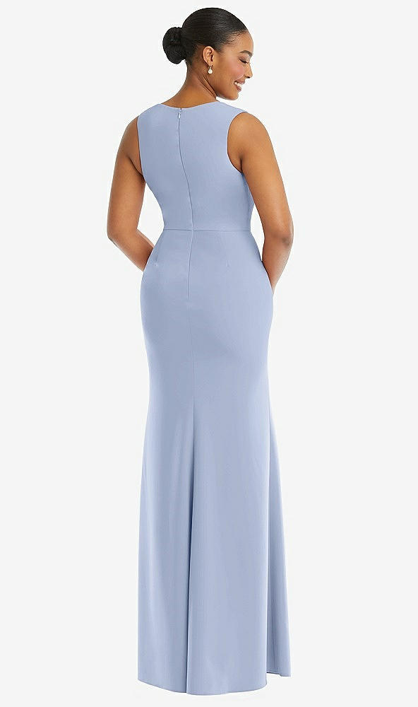 Back View - Sky Blue Deep V-Neck Closed Back Crepe Trumpet Gown with Front Slit