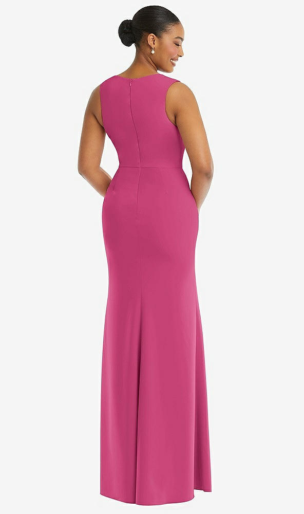 Back View - Tea Rose Deep V-Neck Closed Back Crepe Trumpet Gown with Front Slit