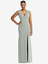 Front View Thumbnail - Willow Green Deep V-Neck Closed Back Crepe Trumpet Gown with Front Slit