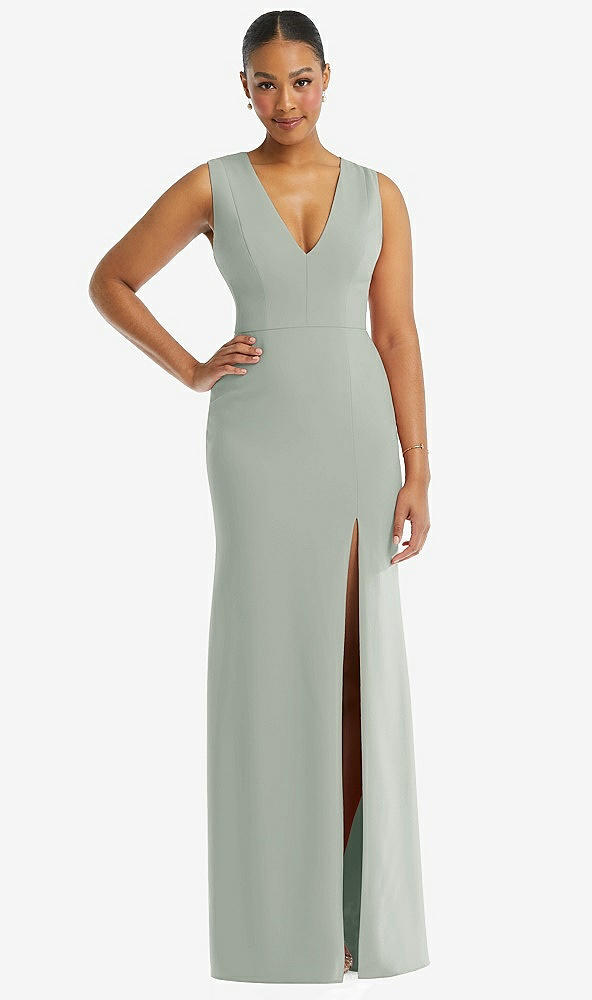 Front View - Willow Green Deep V-Neck Closed Back Crepe Trumpet Gown with Front Slit