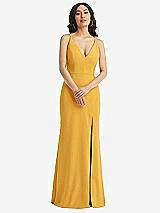 Front View Thumbnail - NYC Yellow Skinny Strap Deep V-Neck Crepe Trumpet Gown with Front Slit