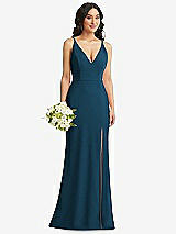 Alt View 1 Thumbnail - Atlantic Blue Skinny Strap Deep V-Neck Crepe Trumpet Gown with Front Slit