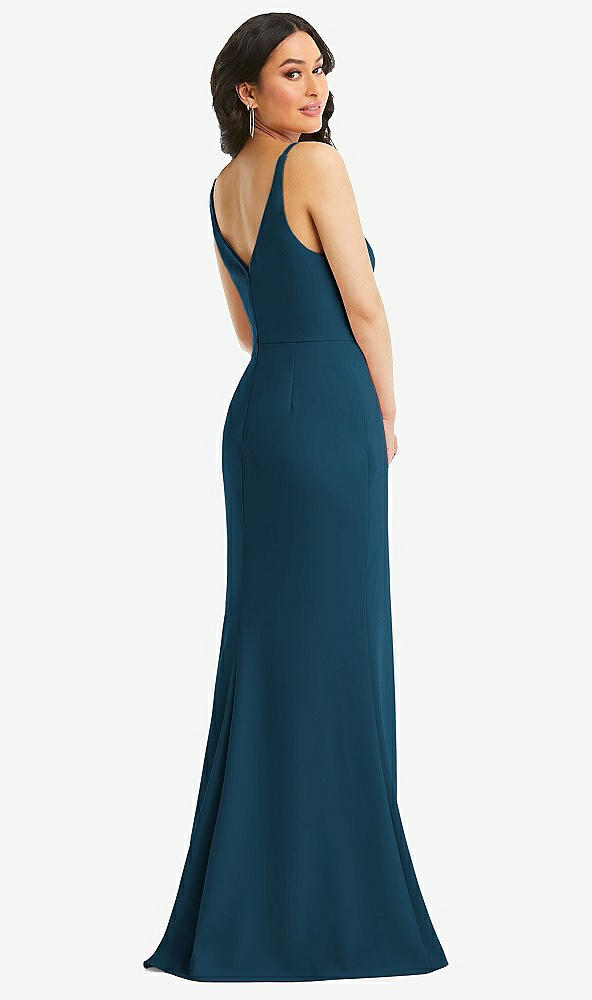 Back View - Atlantic Blue Skinny Strap Deep V-Neck Crepe Trumpet Gown with Front Slit