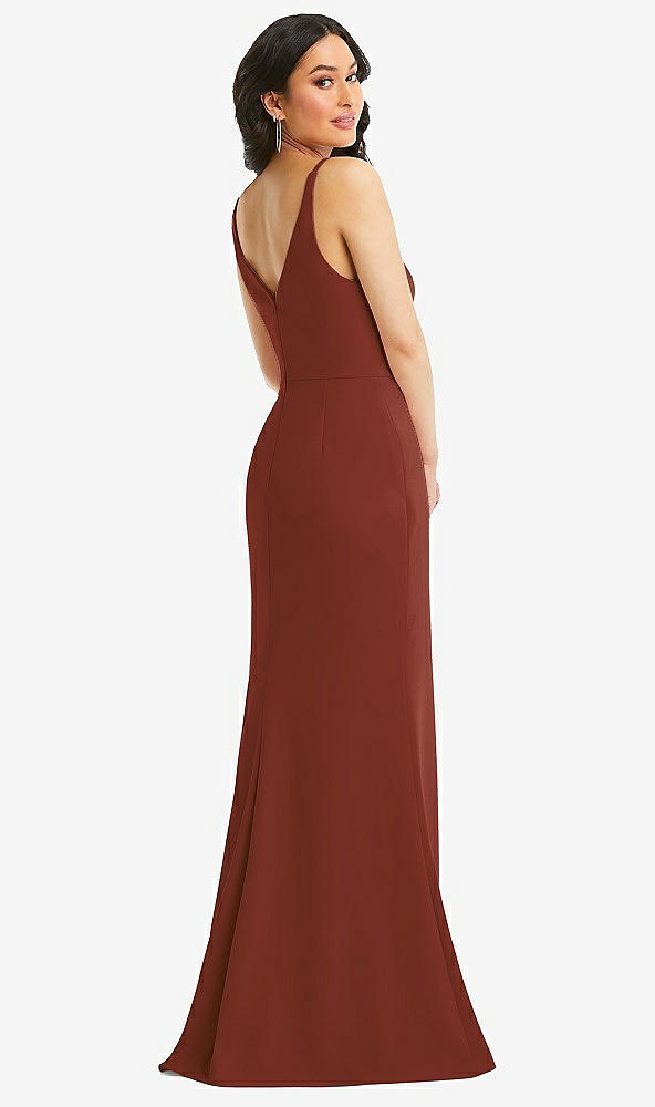 Back View - Auburn Moon Skinny Strap Deep V-Neck Crepe Trumpet Gown with Front Slit