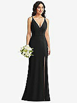 Alt View 1 Thumbnail - Black Skinny Strap Deep V-Neck Crepe Trumpet Gown with Front Slit