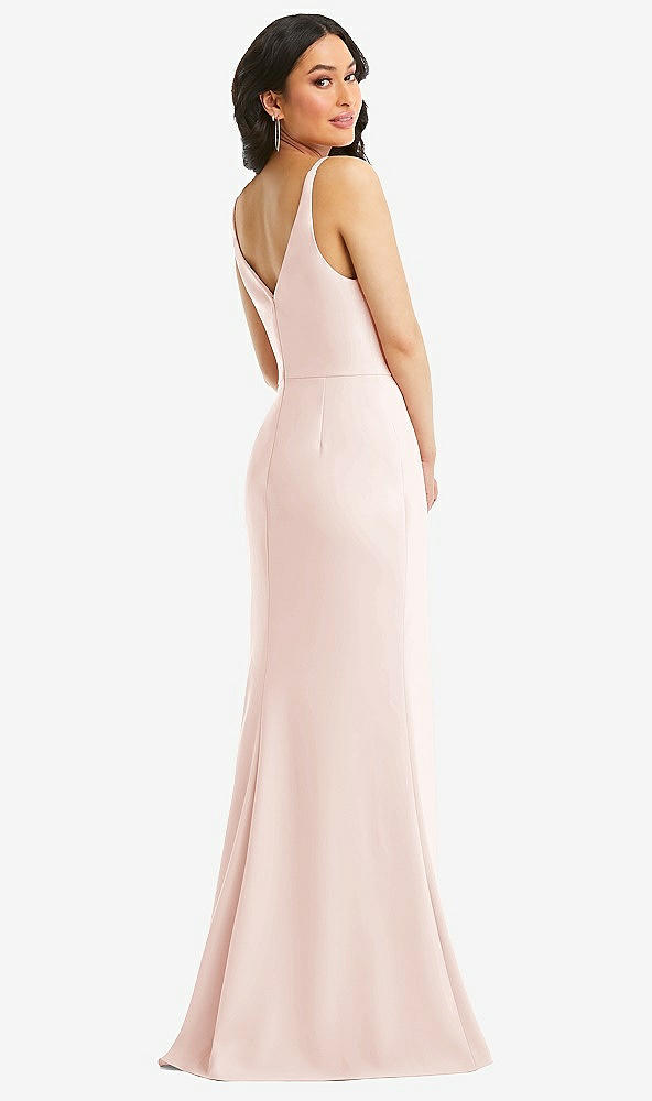 Back View - Blush Skinny Strap Deep V-Neck Crepe Trumpet Gown with Front Slit