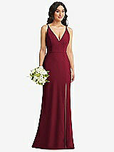 Alt View 1 Thumbnail - Burgundy Skinny Strap Deep V-Neck Crepe Trumpet Gown with Front Slit