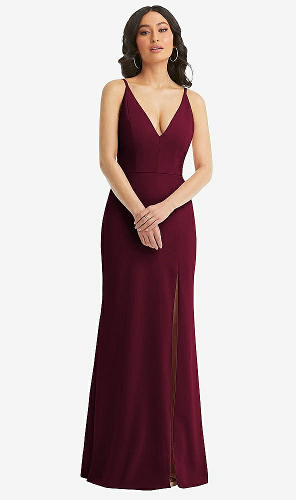 Front View - Cabernet Skinny Strap Deep V-Neck Crepe Trumpet Gown with Front Slit