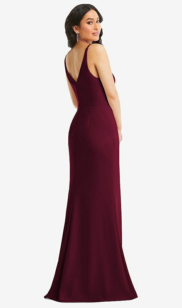 Back View - Cabernet Skinny Strap Deep V-Neck Crepe Trumpet Gown with Front Slit