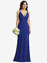 Alt View 1 Thumbnail - Cobalt Blue Skinny Strap Deep V-Neck Crepe Trumpet Gown with Front Slit