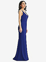 Side View Thumbnail - Cobalt Blue Skinny Strap Deep V-Neck Crepe Trumpet Gown with Front Slit