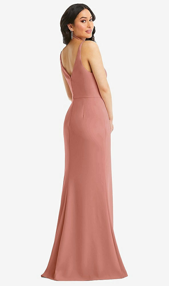 Back View - Desert Rose Skinny Strap Deep V-Neck Crepe Trumpet Gown with Front Slit