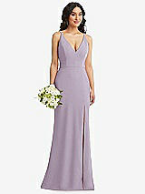 Alt View 1 Thumbnail - Lilac Haze Skinny Strap Deep V-Neck Crepe Trumpet Gown with Front Slit