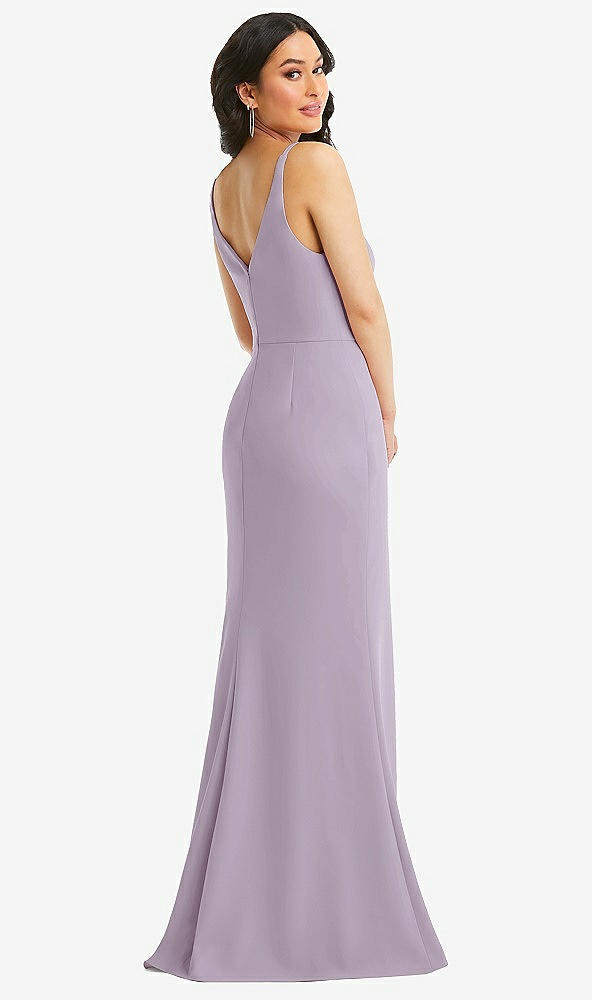 Back View - Lilac Haze Skinny Strap Deep V-Neck Crepe Trumpet Gown with Front Slit