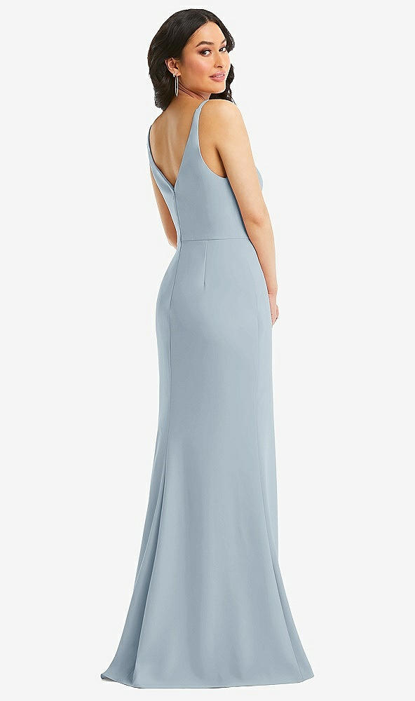 Back View - Mist Skinny Strap Deep V-Neck Crepe Trumpet Gown with Front Slit