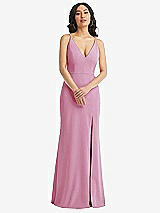 Front View Thumbnail - Powder Pink Skinny Strap Deep V-Neck Crepe Trumpet Gown with Front Slit