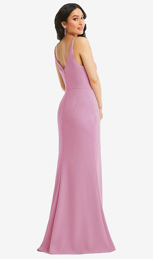 Back View - Powder Pink Skinny Strap Deep V-Neck Crepe Trumpet Gown with Front Slit