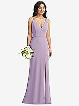 Alt View 1 Thumbnail - Pale Purple Skinny Strap Deep V-Neck Crepe Trumpet Gown with Front Slit