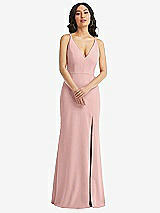 Front View Thumbnail - Rose - PANTONE Rose Quartz Skinny Strap Deep V-Neck Crepe Trumpet Gown with Front Slit