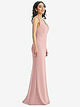 Side View Thumbnail - Rose - PANTONE Rose Quartz Skinny Strap Deep V-Neck Crepe Trumpet Gown with Front Slit