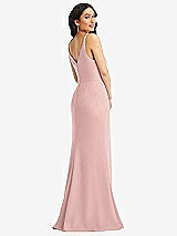 Rear View Thumbnail - Rose - PANTONE Rose Quartz Skinny Strap Deep V-Neck Crepe Trumpet Gown with Front Slit