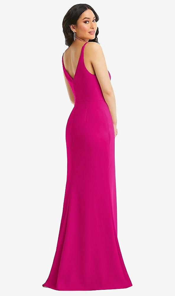 Back View - Think Pink Skinny Strap Deep V-Neck Crepe Trumpet Gown with Front Slit