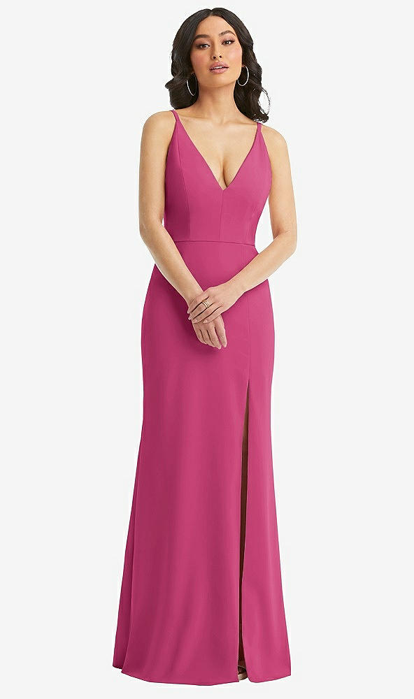 Front View - Tea Rose Skinny Strap Deep V-Neck Crepe Trumpet Gown with Front Slit