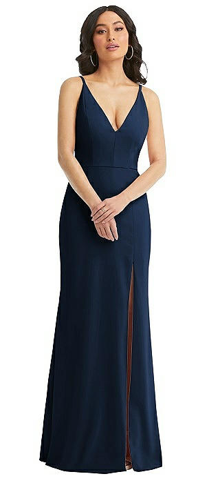 Skinny Strap Deep V-Neck Crepe Trumpet Gown with Front Slit