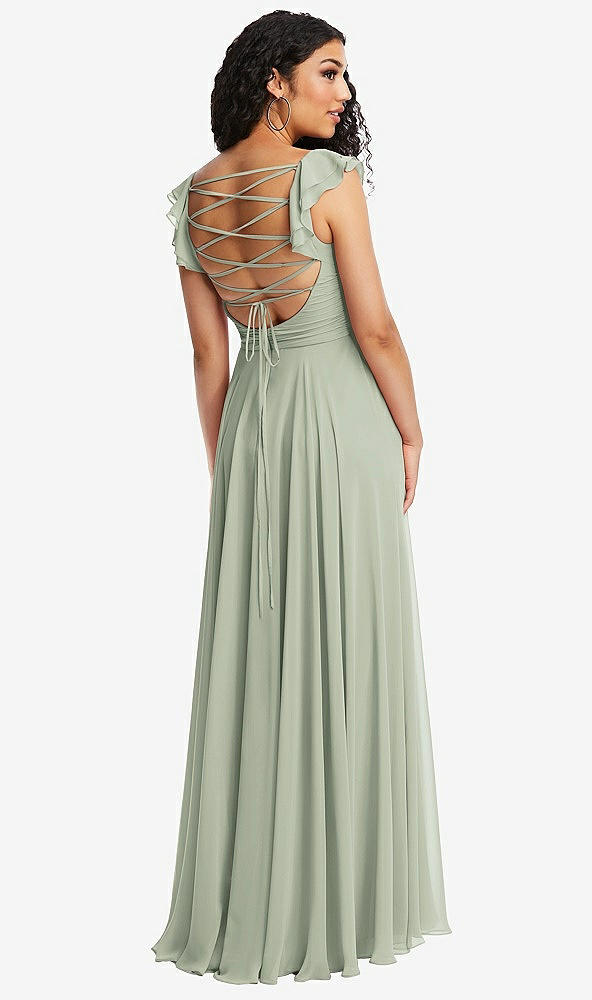 Front View - Celadon Shirred Cross Bodice Lace Up Open-Back Maxi Dress with Flutter Sleeves