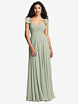 Rear View Thumbnail - Celadon Shirred Cross Bodice Lace Up Open-Back Maxi Dress with Flutter Sleeves